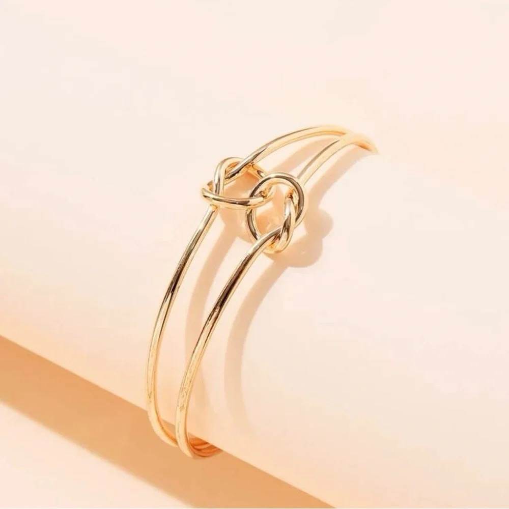 Double Love Knot Cuff Bangle | Gold Tone Adjustable Open Cuff Bracelet